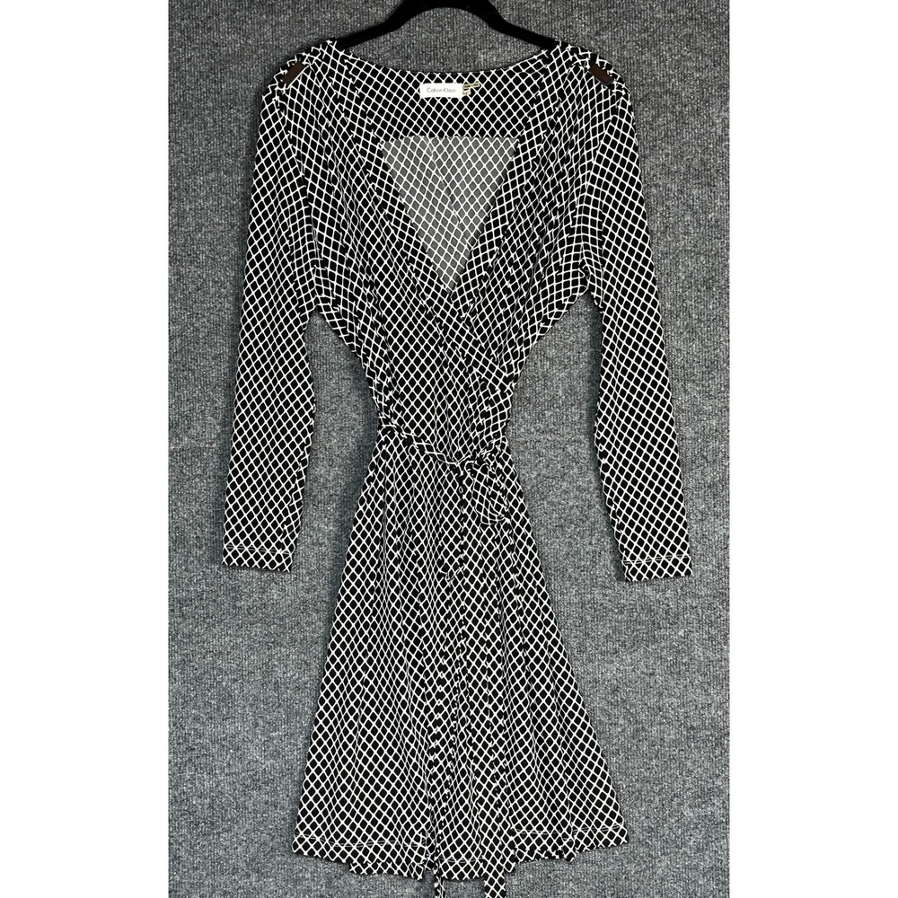 Calvin Klein Women Black White‎ Geometric Print Wrap Midi Dress Size 12